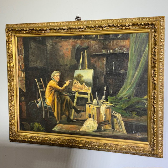 Altes Ölgemälde auf Holz, Künstleratelier. Epoche 1850 mit antikem, vergoldetem Rahmen. Maße 64 x 50. Signiert.